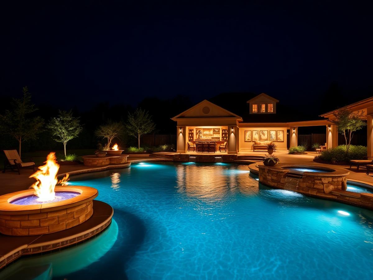 Resort-style custom pool glowing at night