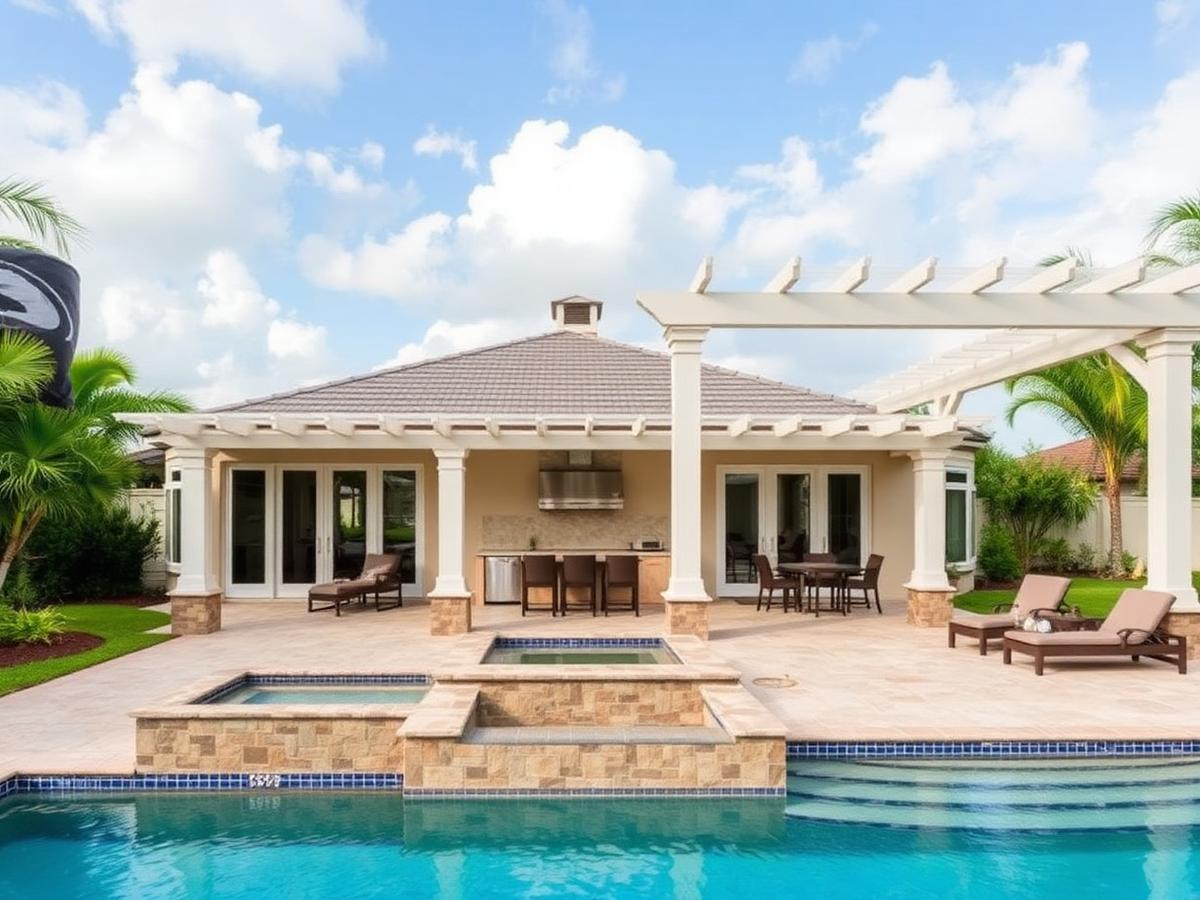 Outdoor living space with pool lighting